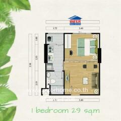 Modern compact one-bedroom apartment layout