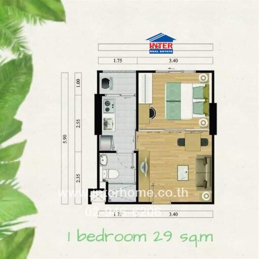 Modern compact one-bedroom apartment layout