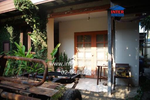 Cozy exterior view of a house with a rustic wooden door and lush green plants