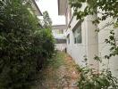 Narrow outdoor pathway beside a house with greenery