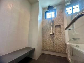 Modern bathroom with skylight and shower area