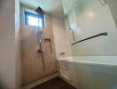 Modern bathroom with bathtub and decorative tiling