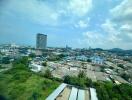 Panoramic city and landscape view from high-rise building window