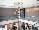 Luxurious multi-level interior of a spacious building with glass railings and modern decor