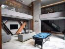 Luxurious modern living room with pool table and elegant decor