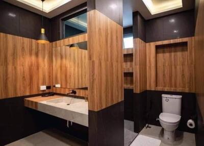 Modern bathroom with elegant wood paneling