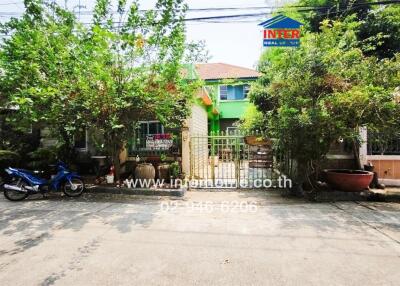 Front view of a vibrant green house with a gated entrance and motorcycles parked outside