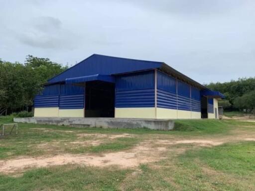 Large blue industrial building with open gate