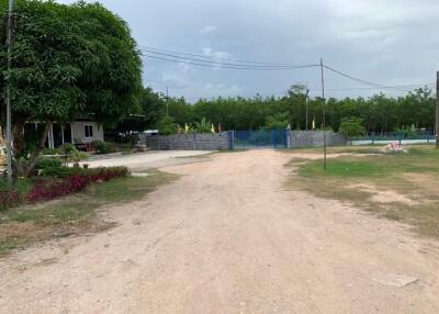 Unpaved access road leading to a residential gate