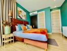 Modern bedroom with vibrant color scheme and stylish decor