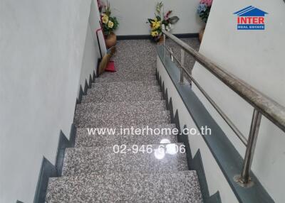 Marble staircase with railings and decorative flowers