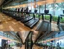 Modern gym facility in residential building with expansive glass walls and various workout equipment