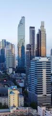 Aerial view of a bustling cityscape with modern skyscrapers