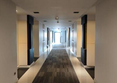 Modern corridor in residential building with decorative wall panels and patterned carpet
