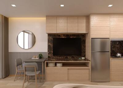 Modern kitchen with integrated living space, featuring elegant wooden cabinetry and state-of-the-art appliances