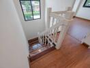Bright and modern staircase with wooden floors and railing