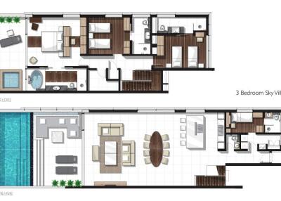 Architectural blueprint of a 3 Bedroom Sky Villa with multiple levels