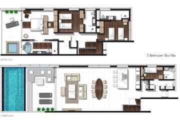 Architectural blueprint of a 3 Bedroom Sky Villa with multiple levels