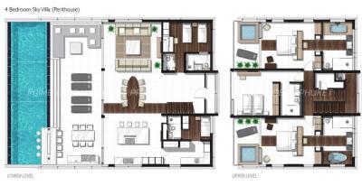 Architectural blueprint of a 4 bedroom Sky Villa Penthouse showing both lower and upper levels