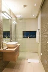 Modern bathroom interior with elegant lighting and fixtures