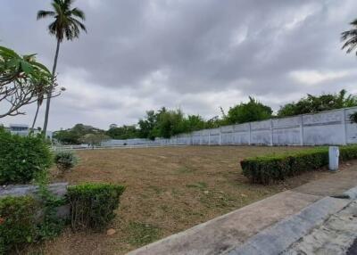 Spacious outdoor area with garden and high walls