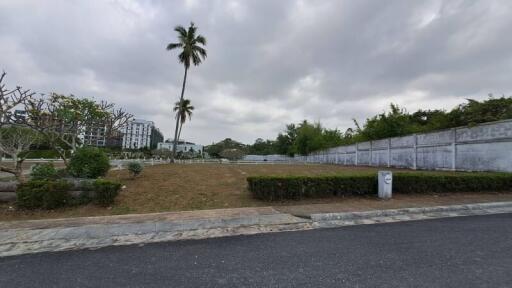 Wide angle view of a residential neighborhood with palm trees and modern buildings under a cloudy sky