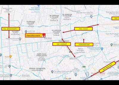 Map showing various labeled streets and villages with marked routes