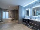 Modern bathroom with dual sinks and a bathtub