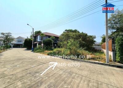 Street view of a residential area including houses and greenery