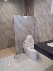 Modern bathroom with tiled walls and toilet