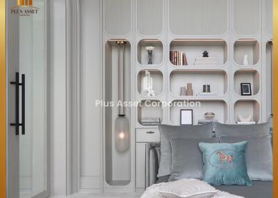 Modern bedroom with built-in shelves