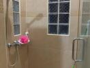 Shower area with glass block windows and handheld showerhead