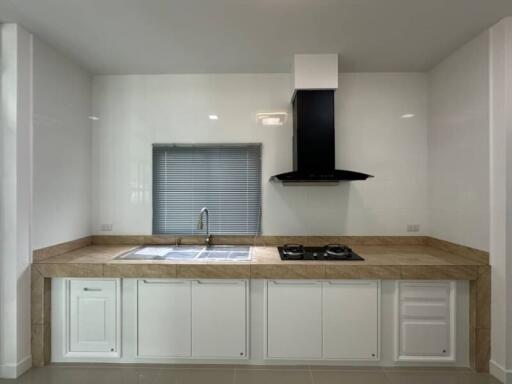 Modern kitchen with gas stove, sink, and ample storage cabinets