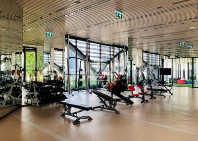 Modern fitness center with various gym equipment and large windows