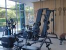 Modern gym with workout equipment and large windows