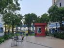 Outdoor sitting area between buildings