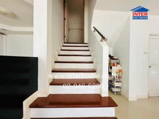 Modern staircase in residential building with white walls and dark wood steps