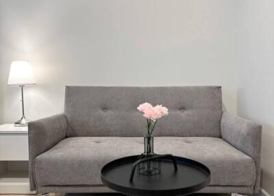 Modern living room with a grey sofa, side table with lamp, black coffee table with a vase of flowers