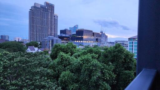 City skyline view with trees in the foreground during dusk