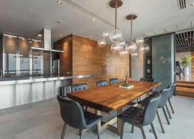 Modern dining area with wooden table and contemporary lighting