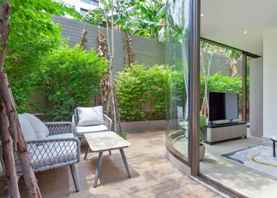 Bright backyard lounge area with seating and greenery