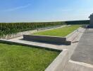 well-maintained lawn with hedges and concrete pathways