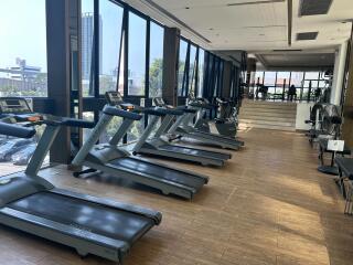 Modern gym with treadmills and large windows overlooking a cityscape