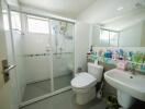 Modern bathroom with shower enclosure, toilet, and sink