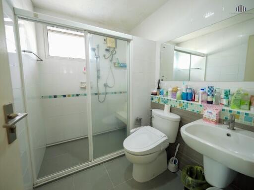 Modern bathroom with shower enclosure, toilet, and sink