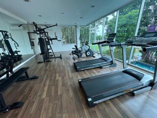 Modern gym with treadmills, exercise bikes, weights, and large windows