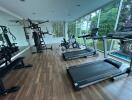 Modern gym with treadmills, exercise bikes, weights, and large windows