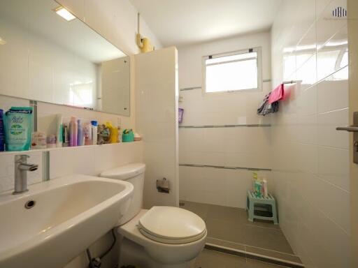 Clean bathroom with a sink, toilet, and walk-in shower