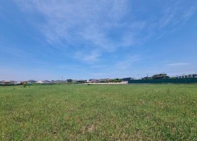 Open green field with distant houses and a clear blue sky