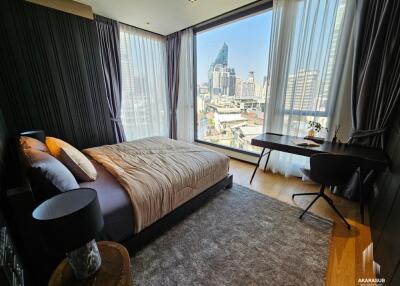 Modern bedroom with large windows and city view